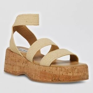 NEW Steve Madden Womens Sashes Raffia Sandal Platform Cork Tan Beige Size 11